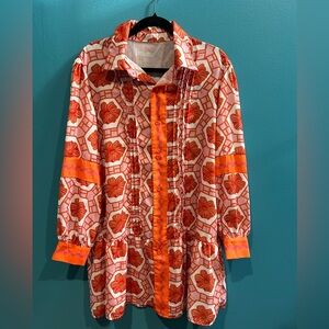 Resortwear Orange and Red Patterned Button-Up Dropwaist Dress